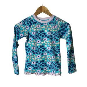 Hanna Andersson Girls Blue Floral Ruffle Hem Swim Top Rash Guard Size 8